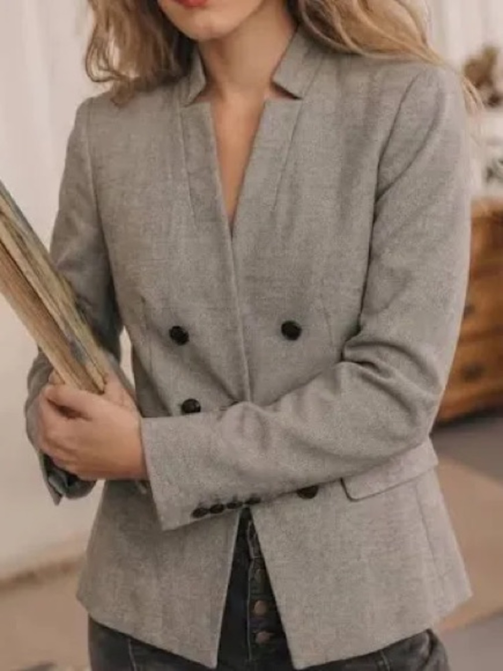 White House Black Market Light Gray Double-Breasted Tailored Blazer